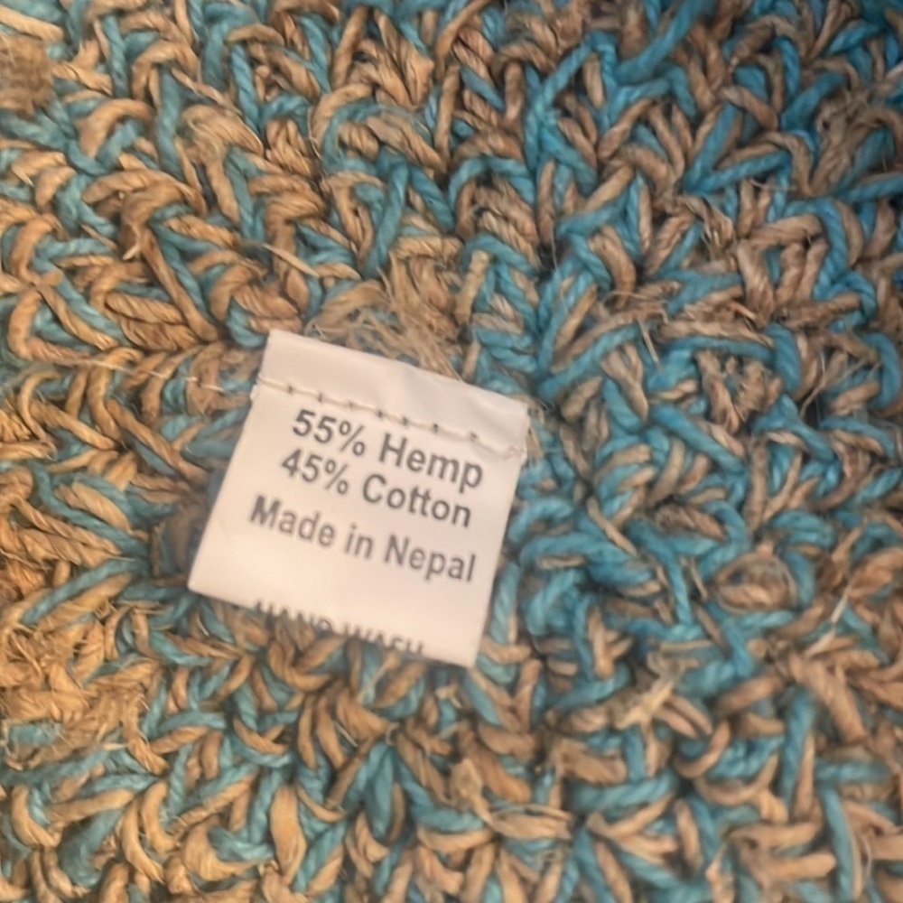 Hemp & Cotton Beach Vacay Hat Made in Nepal- teal knit w flowers - Picture 3 of 8